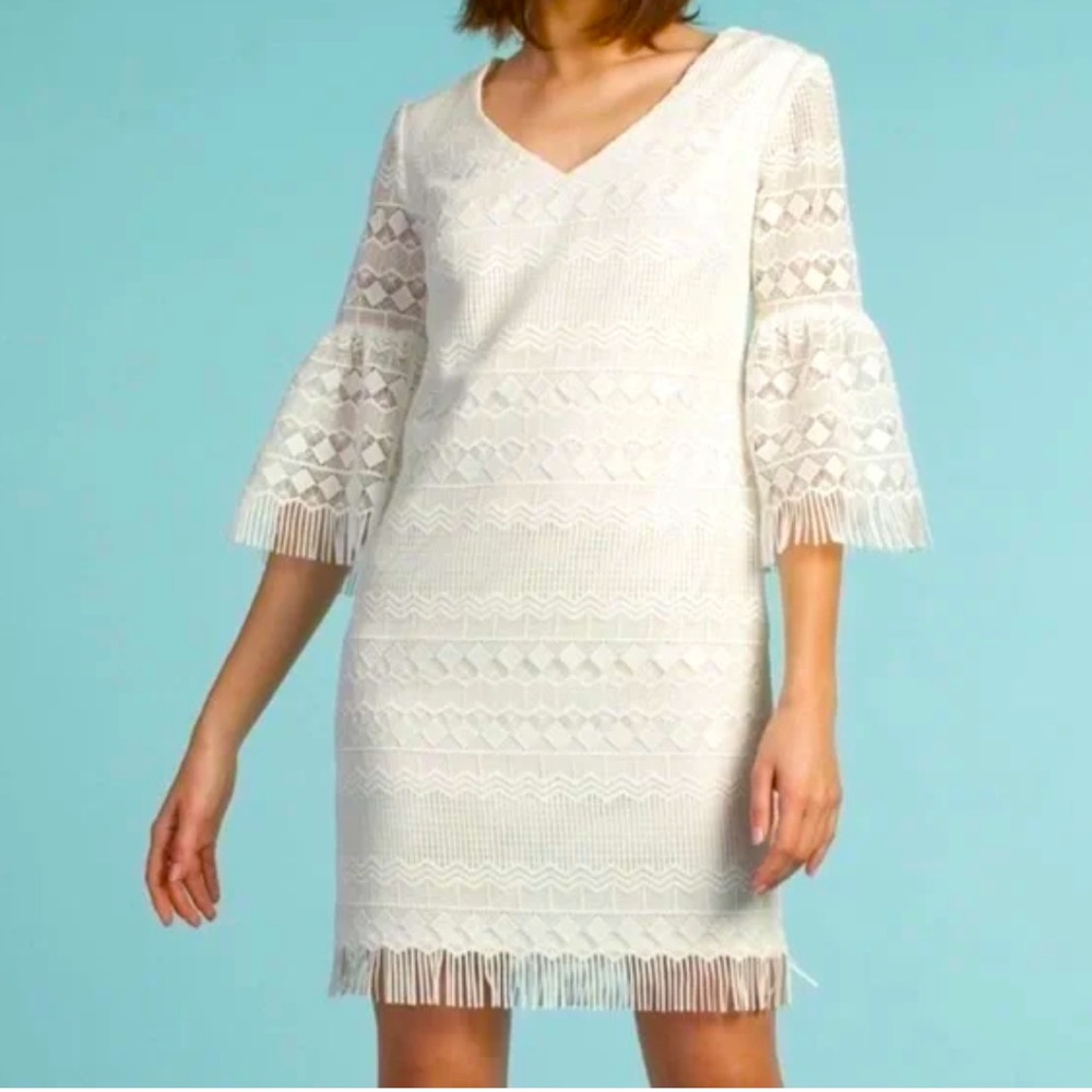 Trina Turk White Lace Fringed Bell Sleeve Cocktail Sheath Dress, Size 6, NWT